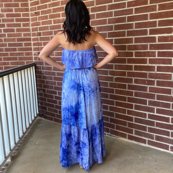 Strapless Blue Tie Dye Maxi Dress - Picture 2 of 11